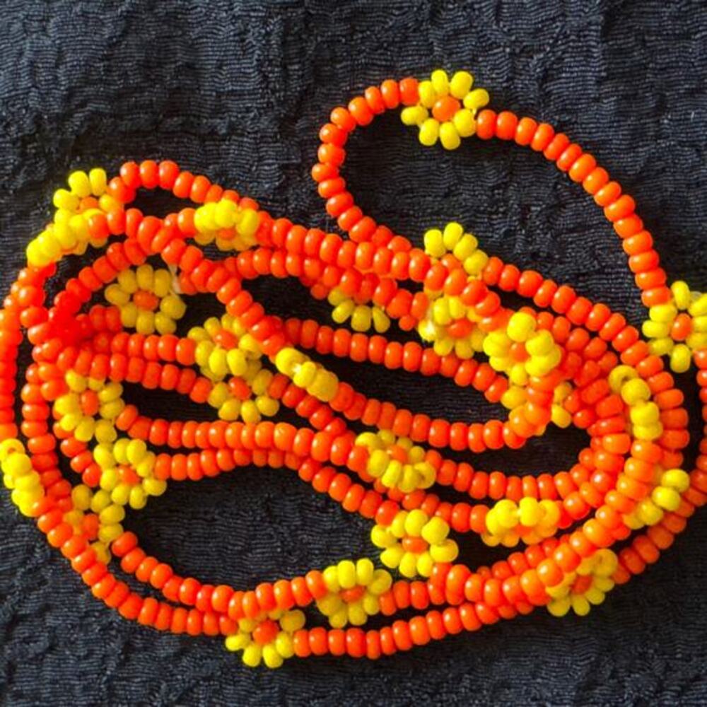 Vintage 1960s Beaded Necklace – Orange & Yellow Flower Child Hippie Boho – 28”
